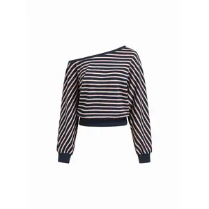 Cider Striped Asymmetrical Neck Long Sleeve Cinched Waist Sweatshirt SwimWeek