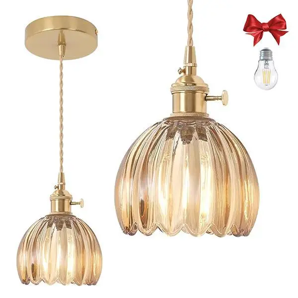 Tulip Glass Pendant Light, 1 Natural Light Bulb Included, Adjustable Cord with Switch, Suitable for Kitchen Island/Dining Room