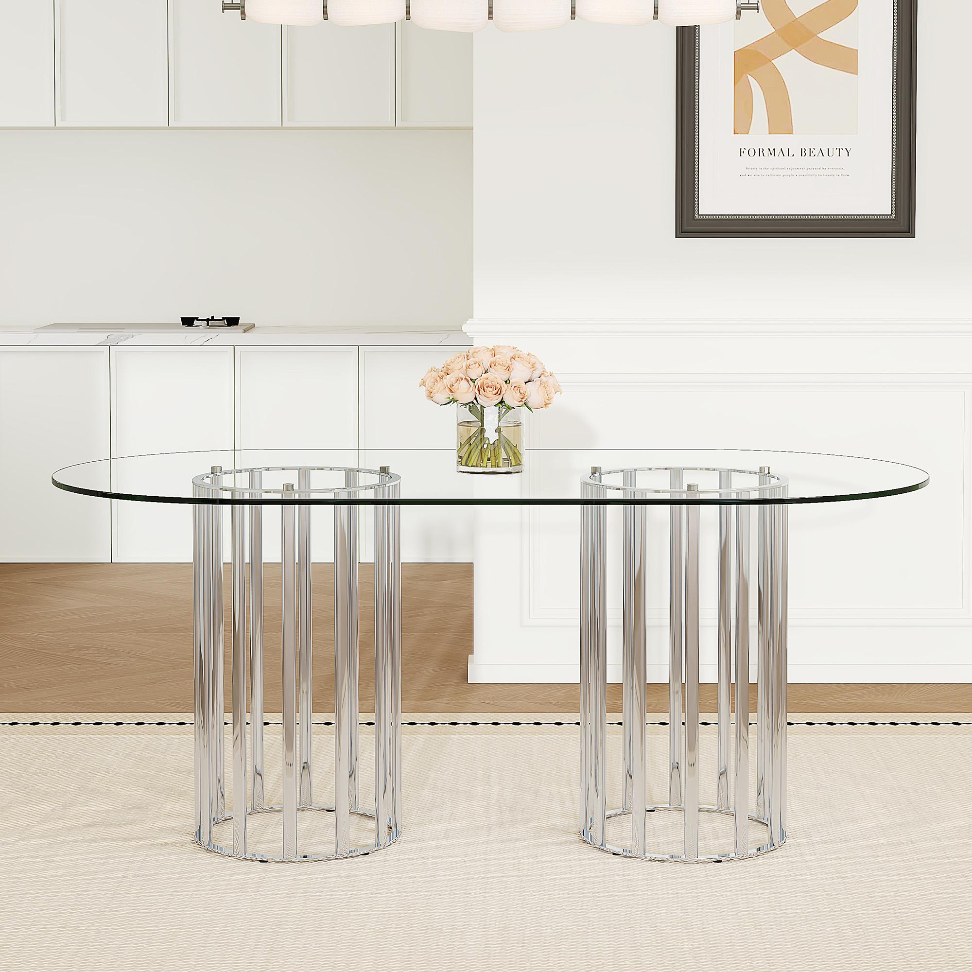 71 Inch Oval Tempered Glass Dining Table, Modern Light Luxury Gold Double Pedestal Kitchen Dining Table, Scratch Resistant Easy Clean Glass Top, Seats 6-8 for Dining Room Restaurant