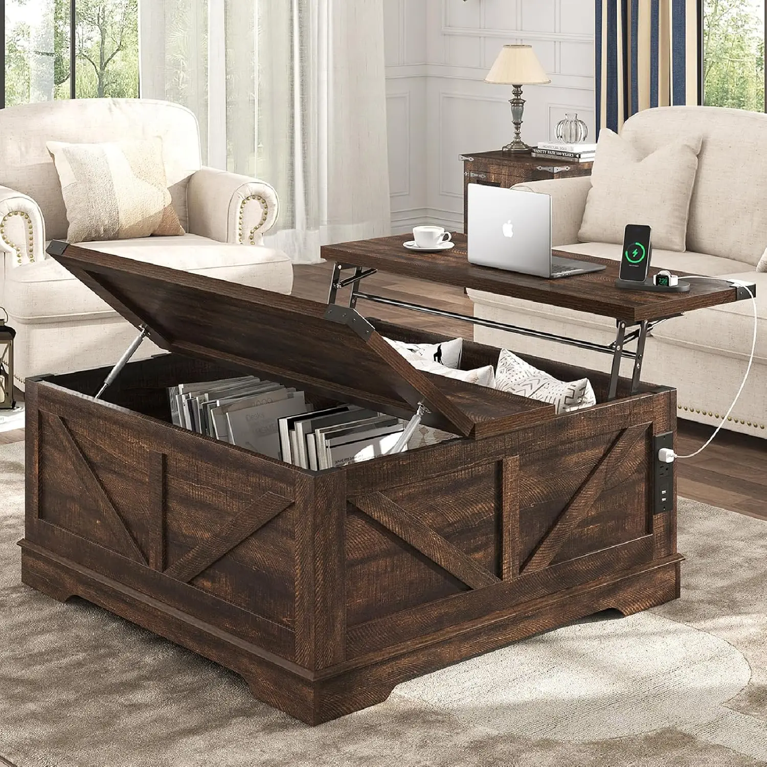 40” Square Farmhouse Lift-Top Coffee Table with Power Outlets & Hidden Storage, Multi-Functional Wood Furniture for Living Room Decor, Living Room Centerpiece, Coffee Table Living Room