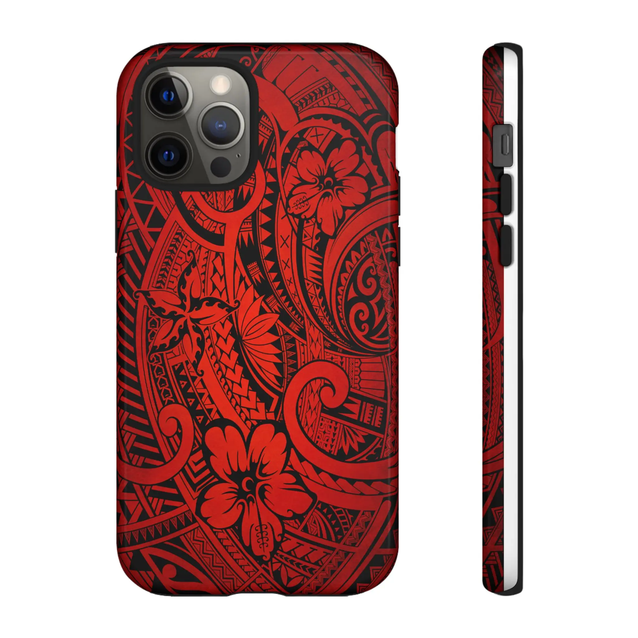 Polynesian Tattoo Artwork, Strength and Heritage Design, Red Background, Island Spirit Phone Cover