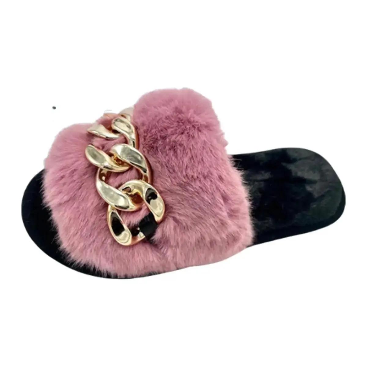 Women's Fluffy Faux Fur Upper Chain-Accented Slip-On Slippers - Soft Rubber Trendy Casual Indoor Slippers, Comfortable Shoe for Casual Wear, Stylish Black, Slippers Indoor, Trendy Casual Slippers