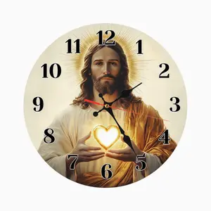 10-12 In Spiritual Religious Wooden Hanging Wall Clock with Sacred Heart of Jesus Halo Art Print, Decor for Home Church Room Decor, Great Gift for Christian Believers, Battery Not Included, Luminous Feature