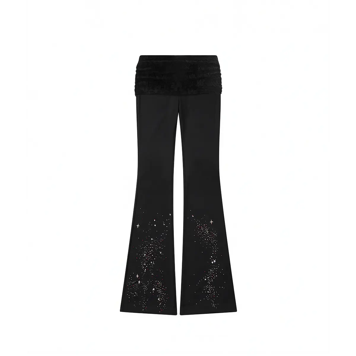 FDR Lace Patchwork Foldover Waist Flare Pants, Colorful Rhinestone Detail, Low Rise Stretch Bell Bottom Leggings, Y2K Vintage Streetwear, Trendy Going Out Festival Outfit for Women
