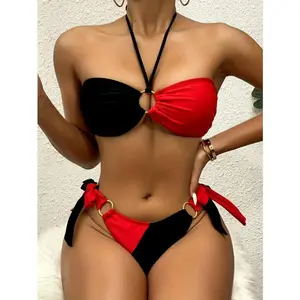 Women's 2-Tone Bold Fashion Halter Neck Bikini Swimsuit Set - Bathing Suit for Sports & Outdoor Use, Swimsuits Bikinis for Protective Gear Accessory Pairing,summervibes