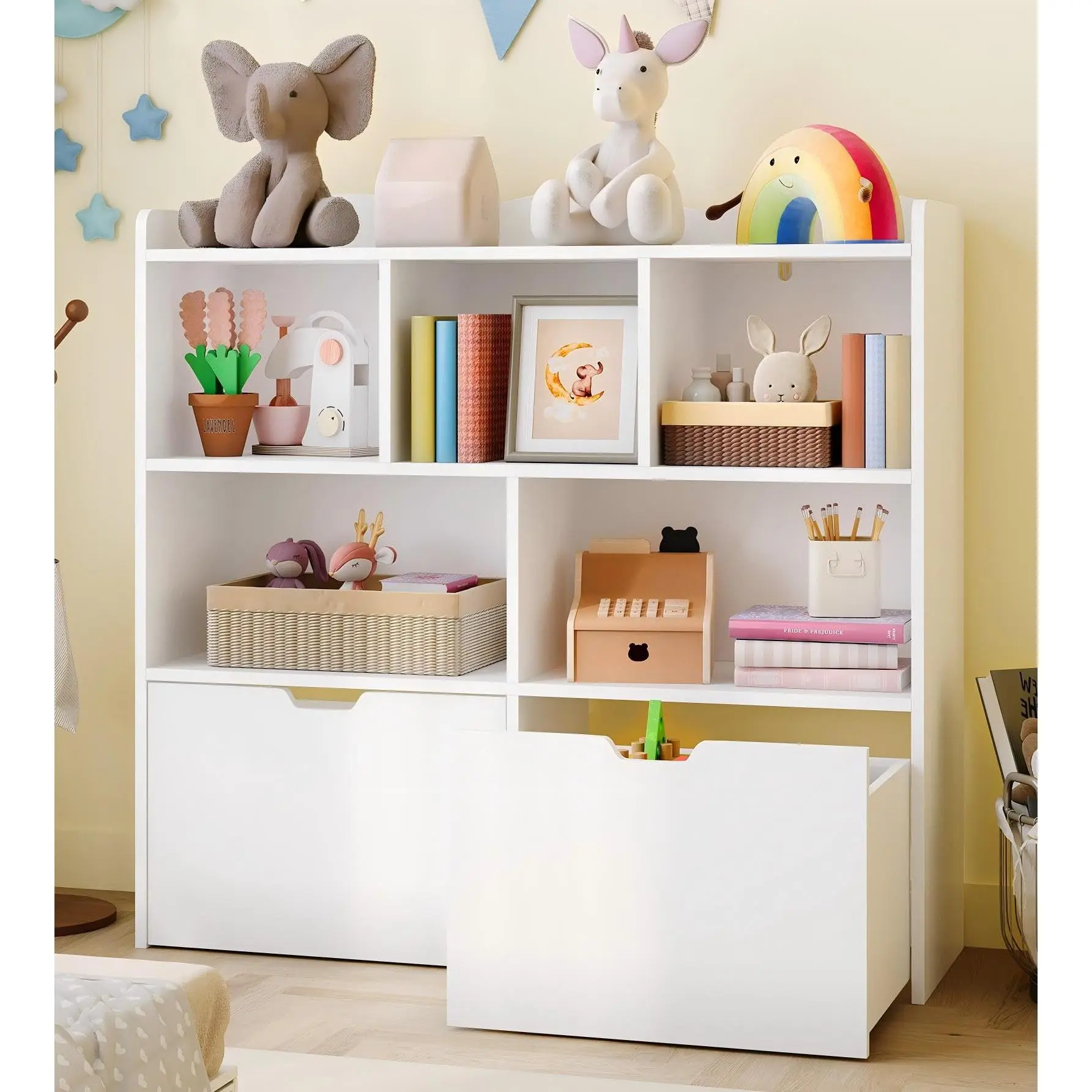 White-Normal Drawer Toy Storage Organizer with Movable Drawers, Kids Bookshelf with Hidden Wheels and 5 Open Cubbies, Multifunctional Floor Storage Chest for Playroom