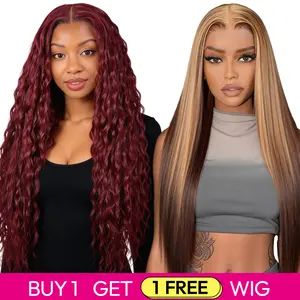 [Blend] Buy 1 Get 1 Free Exclusive Offer | 180% Density Blended Human Hair Lace Front Wig Transparent Lace #99J CornSilk Wig & #P4/27 Straight Wig #SummerVibes