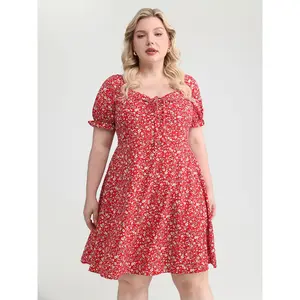 BLOOMCHIC Women's Plus Size Casual Lady Short-Sleeve Micro Floral Print Shirred Bow-Tie Mini Dress - Smooth Fabric, Drawstring, Pocket, Fit [M-6X] 2026 Summer Vibes