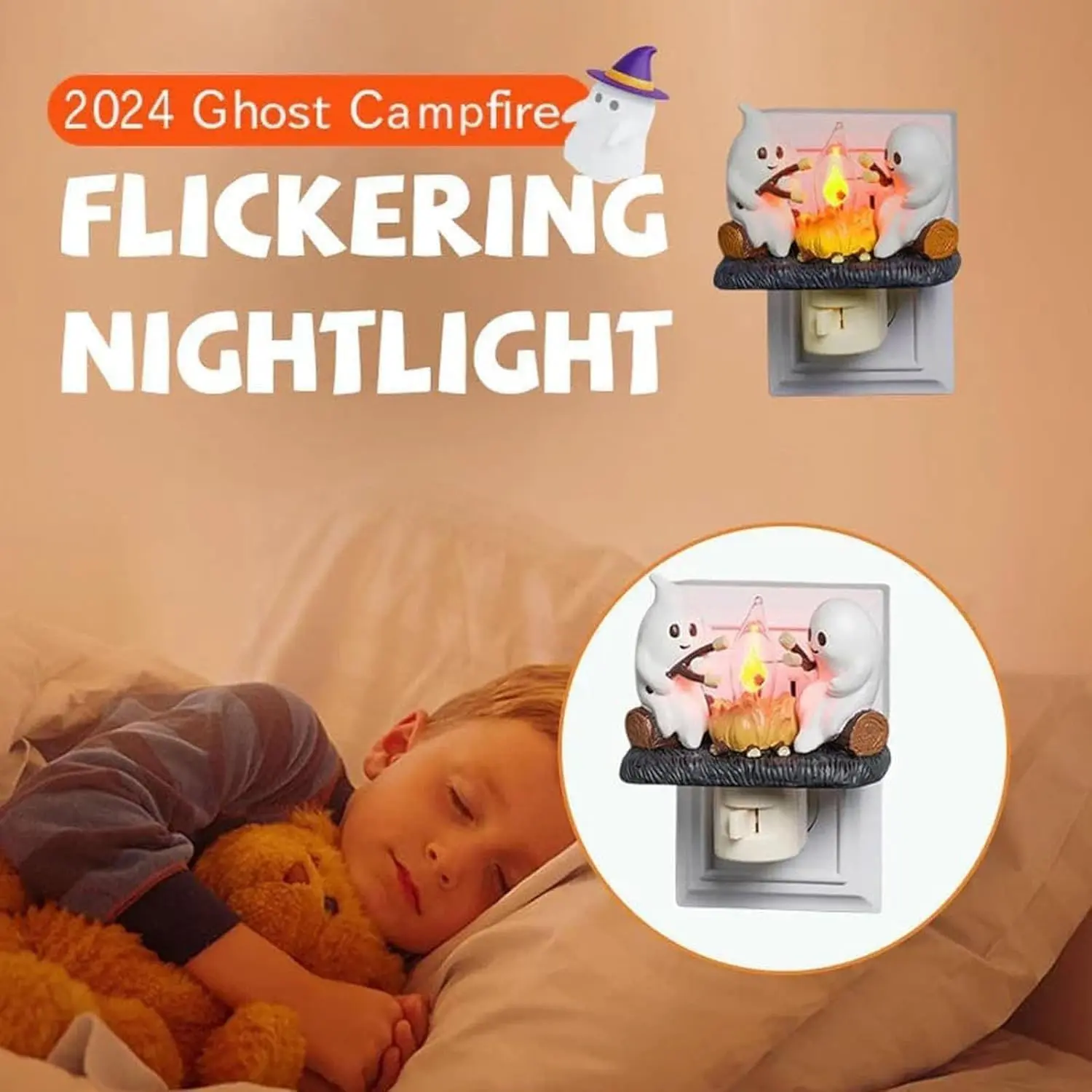 Halloween Ghost Campfire Plug In Night Light, Flickering Flame Wall Sconce Lamp, Cute Spooky Indoor Wall Decor for Bedroom Holiday Party