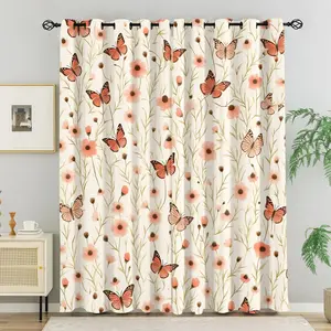Soft Peach Pink Butterfly Print Curtains, Light Base with Orange Monarch & Delicate Floral Pattern Blackout Thermal Insulated Grommet Drapes, Aesthetic Girly Window Treatments for Bedroom Living Room, 2 Pieces