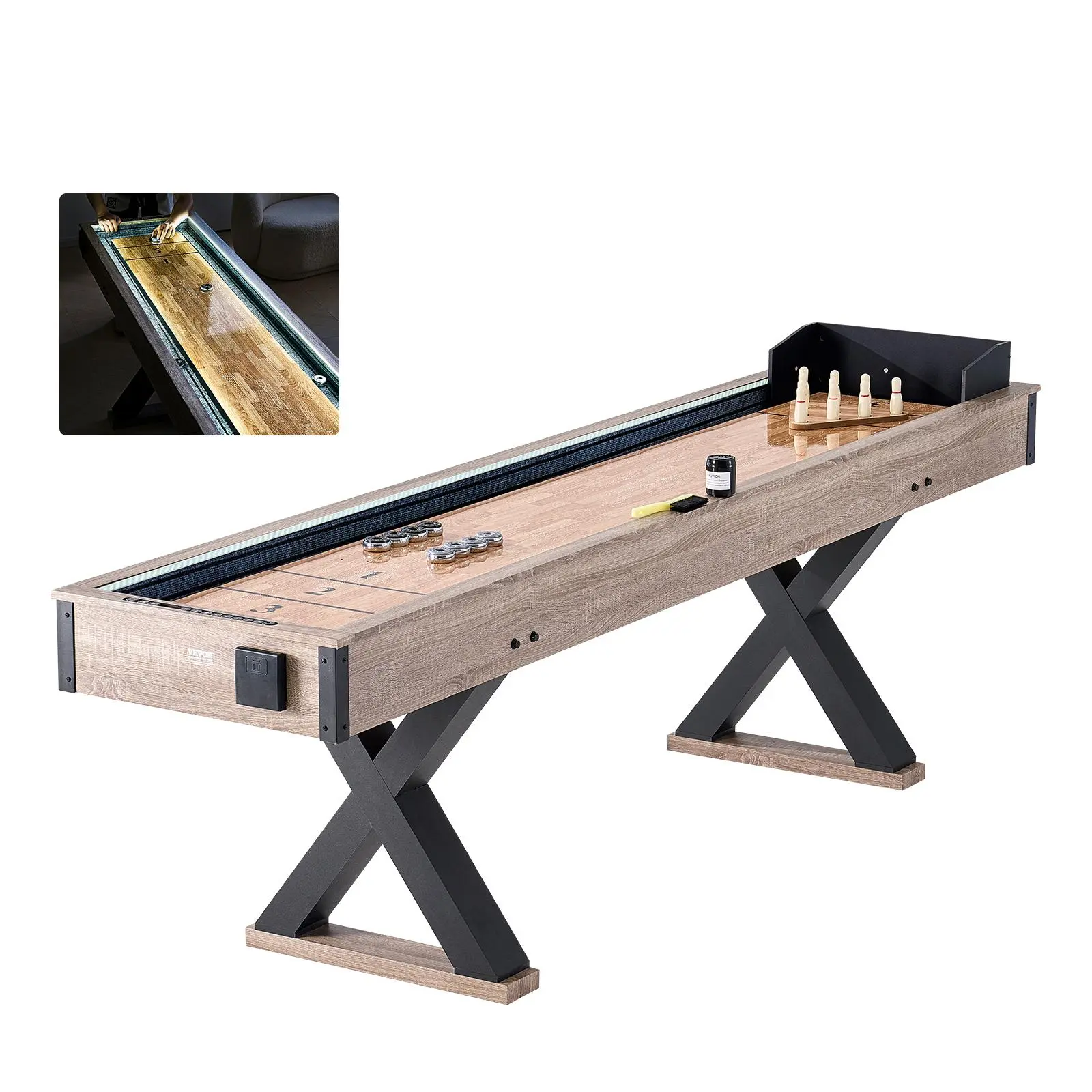 【SummerFinds】VEVOR Shuffleboard Table, 9 ft LED Light Up Shuffleboard for Family Game Room, 2 in 1 Shuffleboard and Bowling Combo Game Set, with Scratch-Resistant Playfield, Legs, 8 Pucks, Bowling Set, Wax, Brush