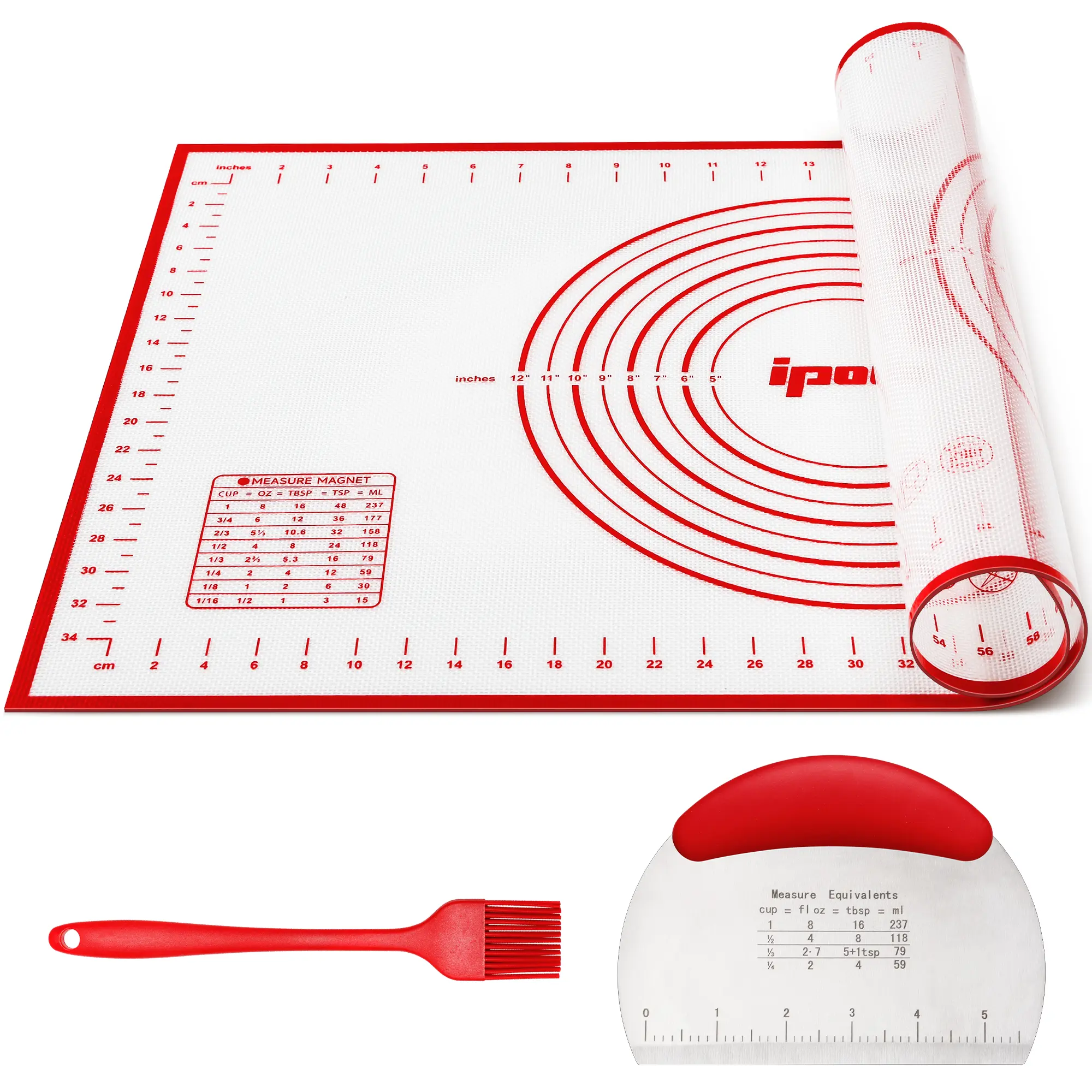 26x16 Inch Silicone Non-Stick Dough Mat Set with Dough Pastry Scraper & Silicone Brush, Extra Thick Silicone Mats for Cookies, Bread, and Pastry with Measurements 14" By 24"