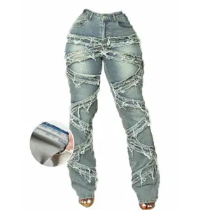 Women's Casual Y2K Streetwear Jeans 90s High Stretch Distressed Frayed Tassel Hip Hop Denim Pants with Slant Pockets for Everyday Wear Fashion Trend - Bottoms
