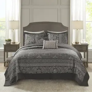 Madison Park MP13-8782 Reversible Jacquard Bedspread Set, Gray - Queen - 5 Piece