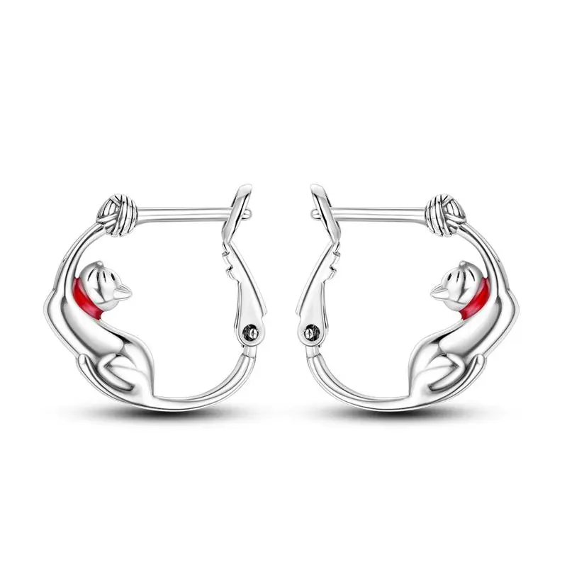 NARMO S925 Plated Silver Women's Hoop Earrings - Cute Cat Yarn Ball Design, Hypoallergenic, Red Enamel Signature Charm, Elegant Everyday Accessory, Ideal Gift for Women for Christmas, Birthday