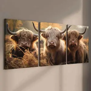 3-Piece Modern Art Canvas Prints, Solid Wood Framed Highland Cow Posters, Waterproof Western Wall Art Decor for Living Room & Bedroom, Indoor Decoration