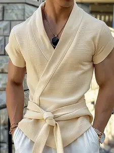 Men's V Neck Short Sleeve Tops T-shirt Casual Loose Relaxed Fit Solid Shirts Tee Blouse Belted