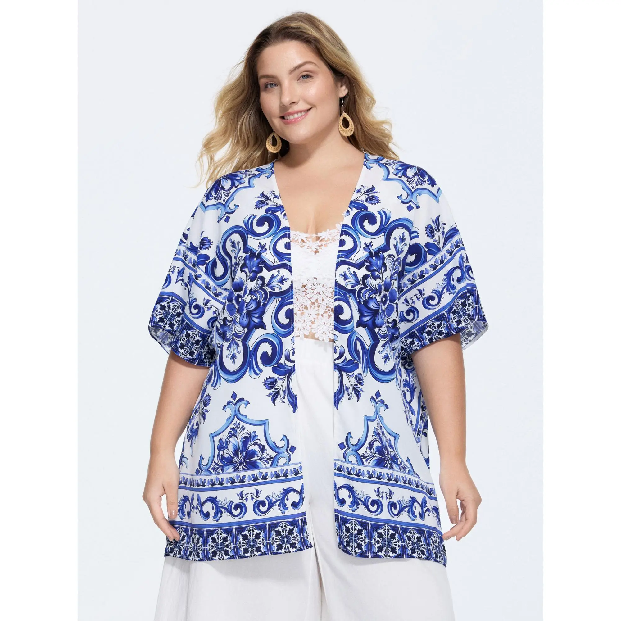 BloomChic Women's Plus Size Boho Kimono Clothes - Open-Front, Pull-On Closure, Ethnic Floral Print, Smooth Fabric, Breathable Loose Fit Polyester Summer Cover-Up