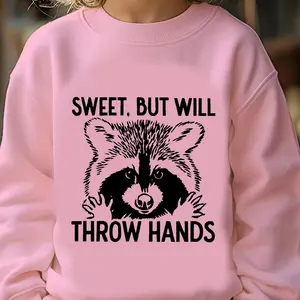 Cute Cotton Children's Sweatshirt with Raccoon Pattern & "SWEET BUT WILL THROW HANDS" Letter Print Crew Neck for Kids Ages 3-13