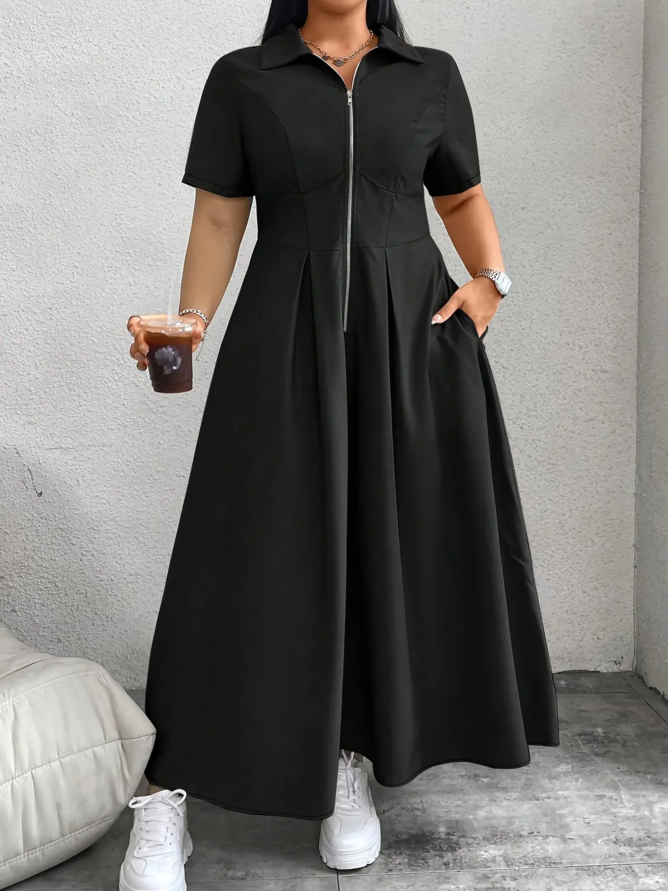 Plus Size Zipper Dress, Waist-Cinch A-Line Long Dress, Summer Short Sleeve, Anti-Wrinkle Fabric, for Office & Daily Wear, Casual Fashionable Dress, Casual Chic Dress