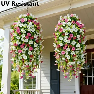8Pcs Large Artificial Red Lotus & White Morning Glory Hanging Vines | Realistic Faux Hanging Flowers | Weatherproof & Maintenance-Free Garland for Home, Wedding, Garden, Patio, Porch Decor | Ideal for Easter, St. Patrick’s Day, UV Resistant
