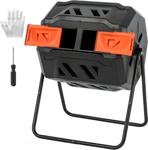 43 Gallon Dual Chamber Compost Bin Outdoor, 360° Rotating Compost Tumbler with Gloves, Heavy Duty Garden Composter for Patio & Lawn, Black / Orange