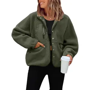 Womens Sherpa Jacket Casual Lapel Button Down Cropped Fuzzy Fleece Jackets Long Sleeve Winter Coats with Pockets