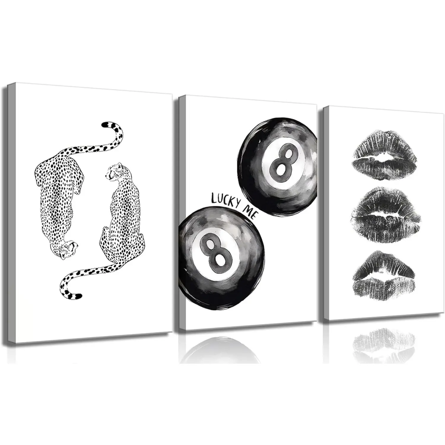 Trendy Black and White Leopard Canvas Wall Art,Funky Y2k Lucky 8 Ball Posters,Retro Kiss Lips Print Picture,Cheetah Prints Aesthetic for Girls Room College Dorm Home Decor (12x16 canvas)