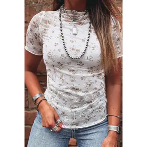White Mock Neck Short Sleeve Floral Mesh Top
