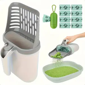 Upgraded Cat Litter Scoop with Compact Stand, Portable Holder, and 10 Waste Refill Bags for Easy Home Cleaning (Home Supplies Essential)