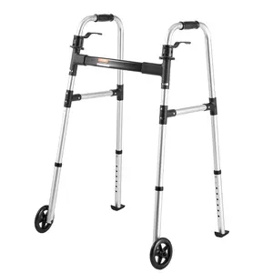 VEVOR Portable Folding Walker, 2-Button Foldable Mobility Aid with 5" Wheels, 8-Level Adjustable Height, 350LBS Loading Lightweight Aluminum Front-Wheeled Rolling Walking Tool for Seniors Adults