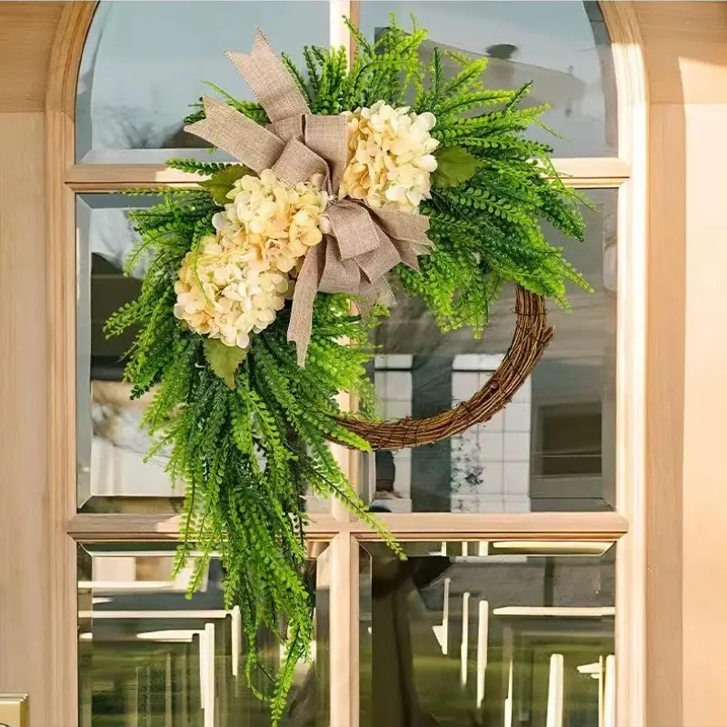 Plastic Artificial Flower Wreath, Natural Home Style, Floral Wreath, Country Chic Hydrangea Wreath Hanging Decor, Festival Decoration, Front Door Wreath, Durable Plastic Decor