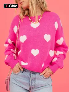 Women's Heart Print Round Neck Loose Sweater, Casual Long Sleeve Crew Neck Jumper, Women's Knitwear For Daily Wear, Womenswear, Tops