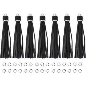 12pcs Faux Leather Keychain Tassels 4.3 Inch Decoration DIY Charms Elegant Long-Lasting Tassels for Keychains Cellphone Straps Wristlets Crafts Silver Caps Black