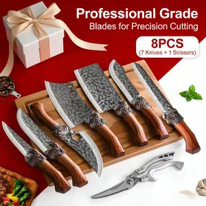Kitchen chef knife set, high quality chef's knife; high hardness quality steel blade, sharp and durable; essential knives for home kitchen/dining room meat slicer knife; vegetable knife; fruit knife; butcher ; chicken deboning scissors, 8 pieces set.