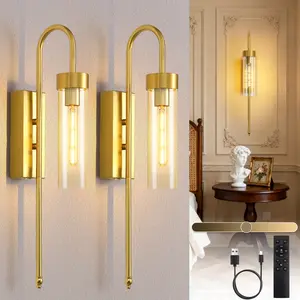 Battery Operated Wall Sconces Set of 2, 19" Dimmable Timer Remote Gold Rechargeable Wireless Modern Wall Lights with Amber Glass, Wall Decor Fixtures for Bathroom Living Room Bedroom Hallway