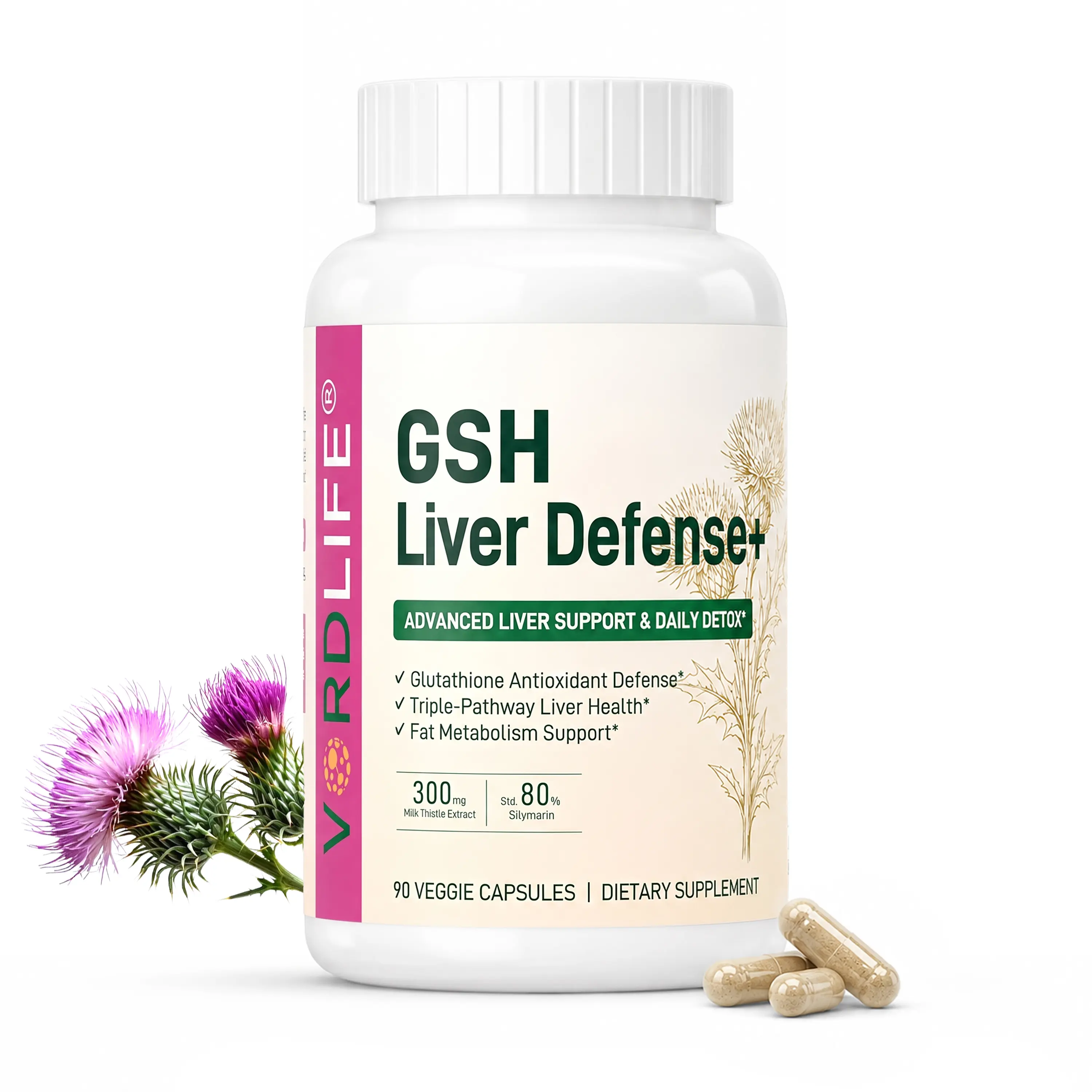 VORDLIFE GSH Liver Defense+ Liver Support Supplement with Milk Thistle, Glutathione, Choline & Alpha Lipoic Acid | Daily Liver Detox Support, Antioxidant Formula, Supports Healthy Fat Metabolism | 90 Capsules