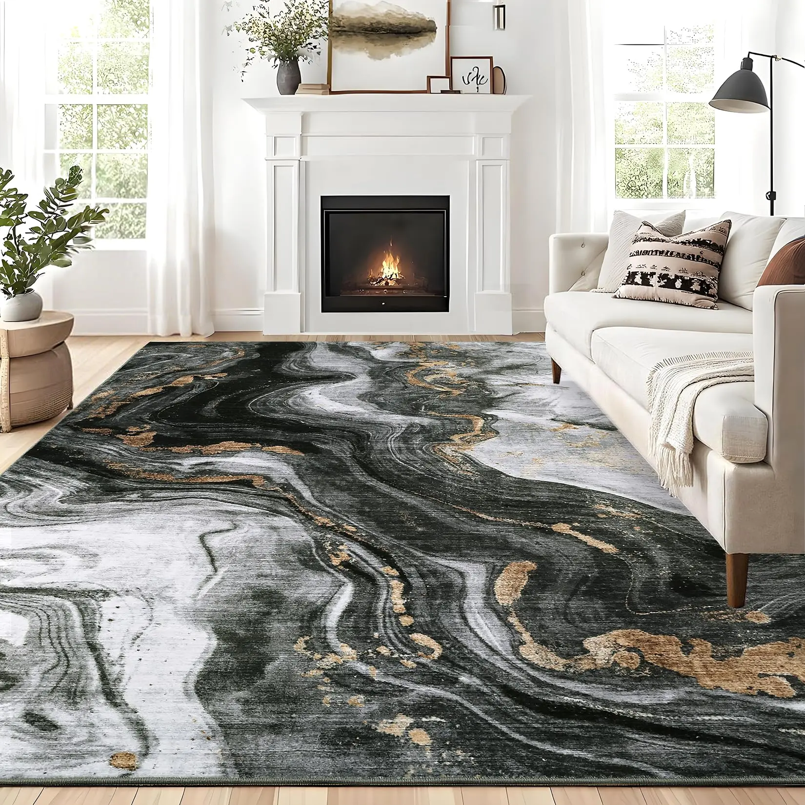 【GARVEE】Modern Washable Rugs 6x9 Neutral Abstract Throw Rugs, Non-Slip Abstract Accent Carpet with Marble Swirl Pattern, Stain-Resistant Low Pile Indoor Carpet Rug for Living Room, Bedroom, Black