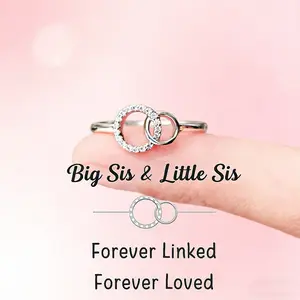 Big Sis Little Sis Interlocking Ring Set – Cubic Zirconia Double Circle Promise Ring for Sisters, Adjustable Sister Jewelry Gift, Perfect for Birthday, Christmas or Special Occasion