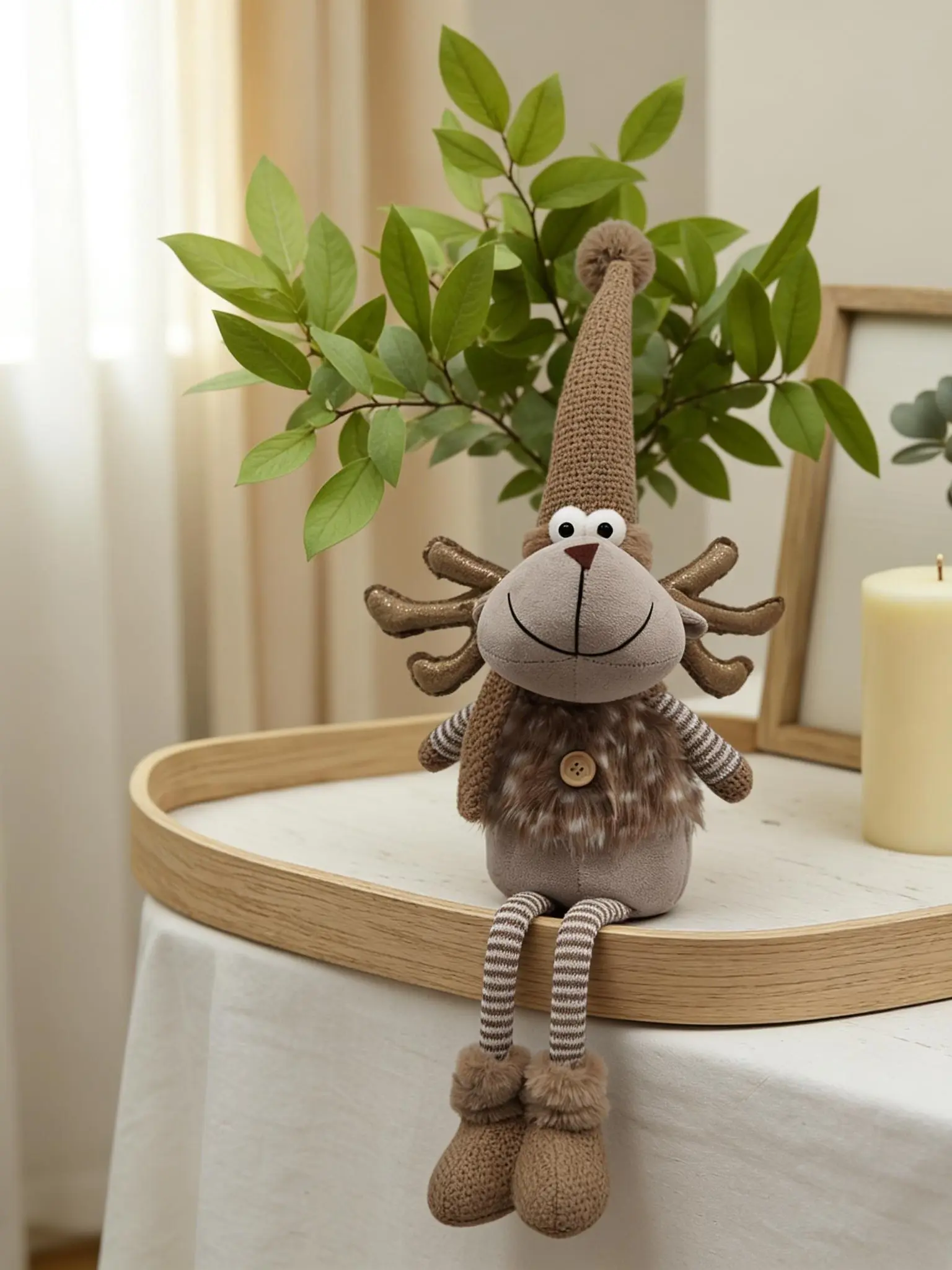 Soft Plush Reindeer Stuffed Animal - Knitted Fabric, Faux Fur Patchwork, for Christmas Party, Photos, 6-8 Years Kids, Healing Desktop Decor