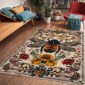 Vintage Bee & Floral Design Soft Area Mat - Non-Slip,, Lightweight Polyester Floor Mat for Living Room & Kitchen, 480g/sq.m, 0.39inch Thickness, Hand Wash Only, Kitchen Rugs