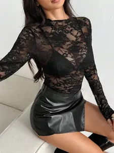 Women's Sexy Single Layer Long Sleeve Thin Lightweight Floral Lace Bodysuit, Women's Sheer Semi-Transparent Top, Slim Fit Lace Underwear, Casual Wear, Womenswear