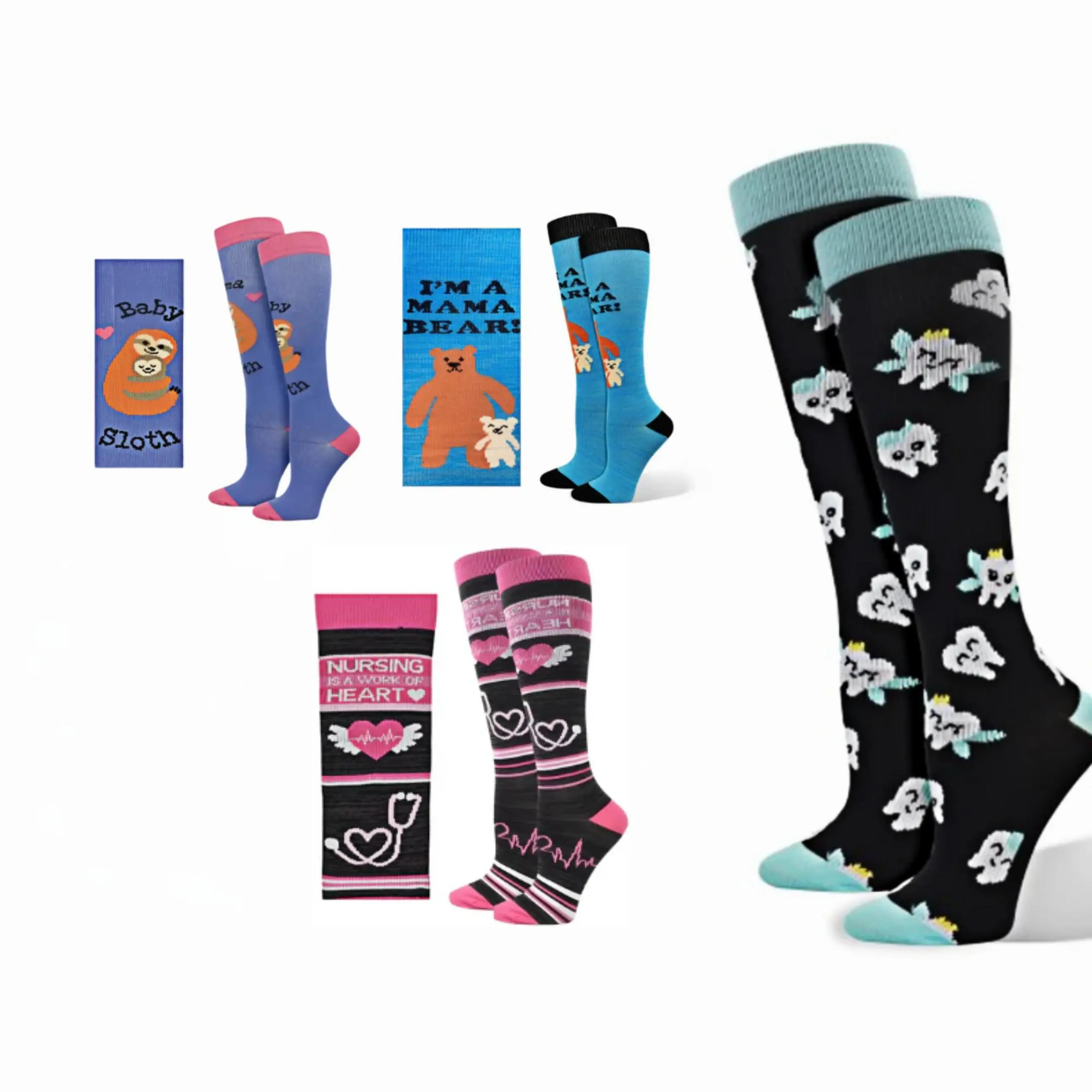 Women's Over-the-Calf Compression Socks (10-14 mmHg) with Sloth & Heart Patterns, Fashion Workwear for Nurses, Leg Support, Compression Stockings, Tooth Fairy, Calf-Length, Heart Motif, Nursing Is A Work Of Heart
