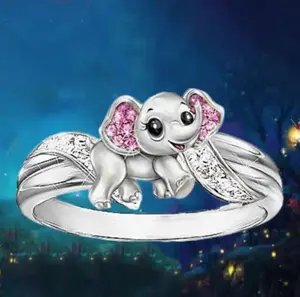 Elephant Cute Animal Ring Pink Ears Silver Plated Unique Rings