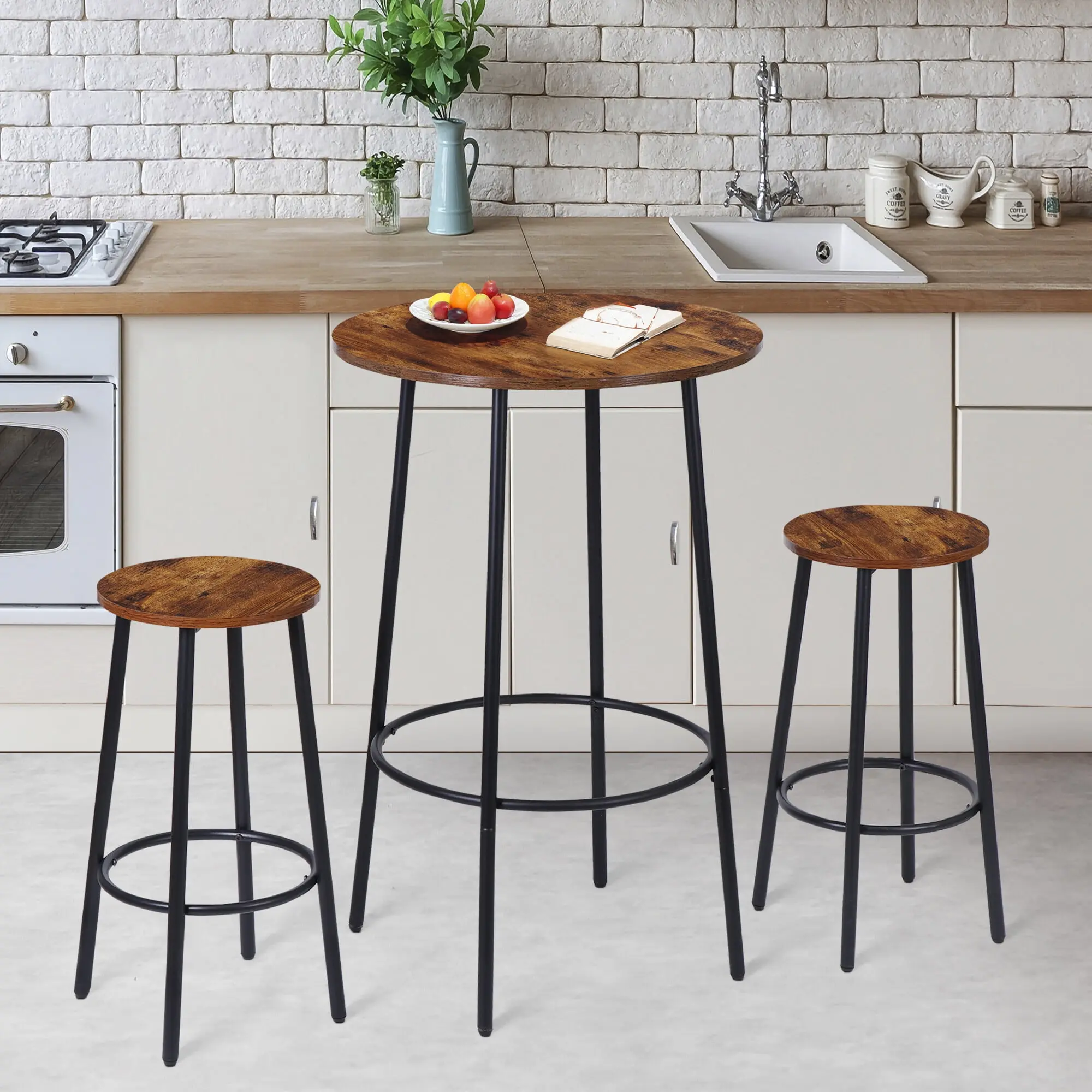 Segawe 3-Piece Indoor Bistro Bar Furniture Set - 2 Bar Stools, 1 Round MDF Wood Table, Black/Rustic Brown, Quick Setup for Kitchen, Dining Room, Wood Home Decor,summerwins