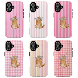 Cute Cat Tough Phone Case Pink Striped & Checkered Design with Adorable Kitten Fish Illustration Lightweight Slim Shock Resistant TPU Lining Gift for Cat Lovers