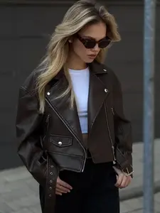 Women's Leather Jacket Dark Brown Solid Pu Leather Faux Leather Moto Jacket Motorcycle Jacket Zip Asymmetry Biker Jacket Gold Belted Waist Fitted Vintage Streetwear Womenswear Women's Cool Outerwear Coats Casual
