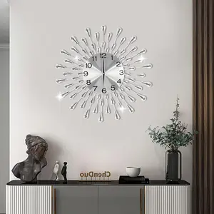 Large Wall Clock, Modern Large Wall Clocks for Living Room Decor, Silent Wall Clock Battery Operated Non-Ticking, Big Silver Drop Crystal Wall Clock for Bedroom Kitchen Office Home Decoration