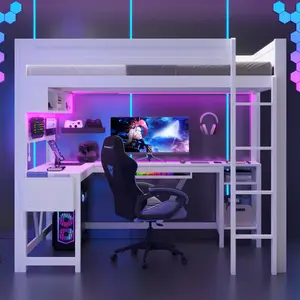 Full Size Gaming Loft Bed with Desk, Storage Shelves, LED and Charging Station, Solid Wood Loft Bed Frame, for Teens Adults