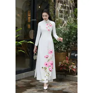 White Blossom Grace Vietnamese Ao Dai No Pants | Áo Dài Truyền Thống B28
